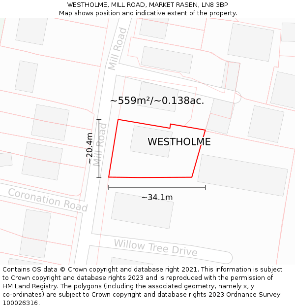 WESTHOLME, MILL ROAD, MARKET RASEN, LN8 3BP: Plot and title map