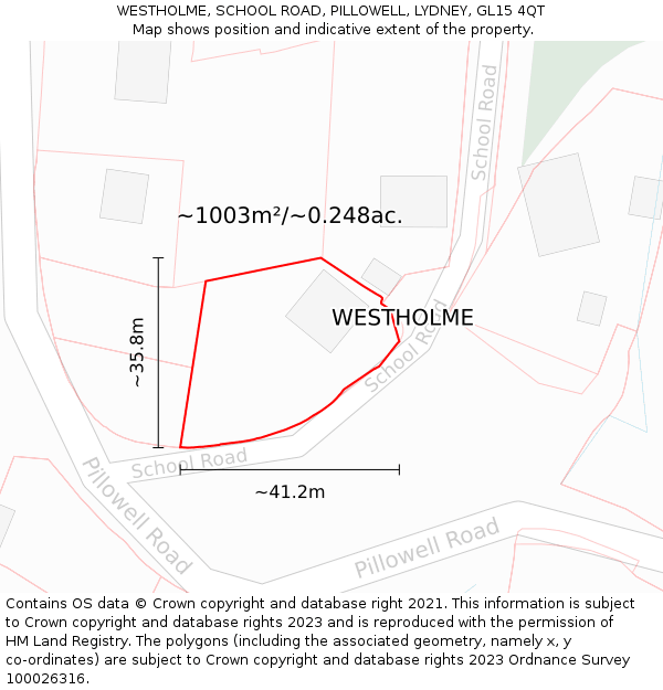 WESTHOLME, SCHOOL ROAD, PILLOWELL, LYDNEY, GL15 4QT: Plot and title map