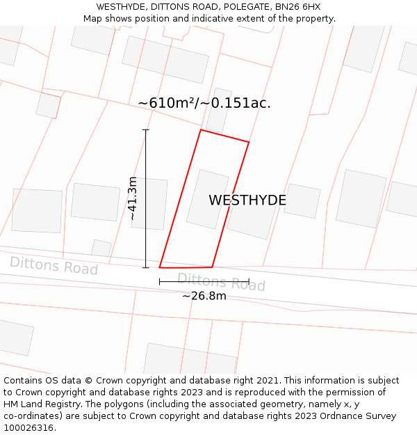 WESTHYDE, DITTONS ROAD, POLEGATE, BN26 6HX: Plot and title map