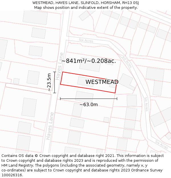 WESTMEAD, HAYES LANE, SLINFOLD, HORSHAM, RH13 0SJ: Plot and title map