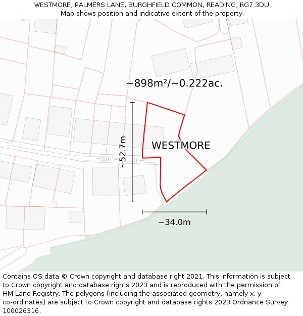 WESTMORE, PALMERS LANE, BURGHFIELD COMMON, READING, RG7 3DU: Plot and title map