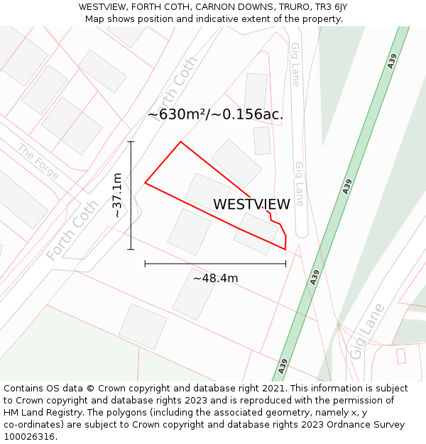WESTVIEW, FORTH COTH, CARNON DOWNS, TRURO, TR3 6JY: Plot and title map
