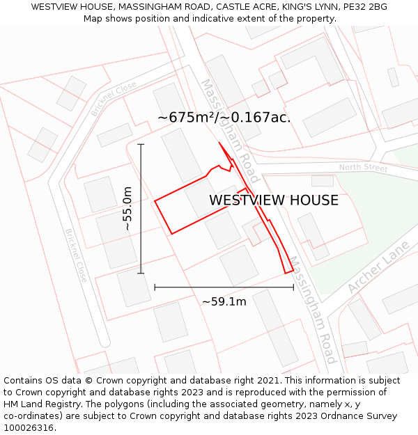 WESTVIEW HOUSE, MASSINGHAM ROAD, CASTLE ACRE, KING'S LYNN, PE32 2BG: Plot and title map