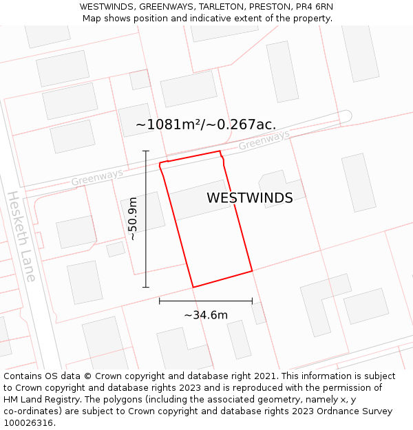WESTWINDS, GREENWAYS, TARLETON, PRESTON, PR4 6RN: Plot and title map