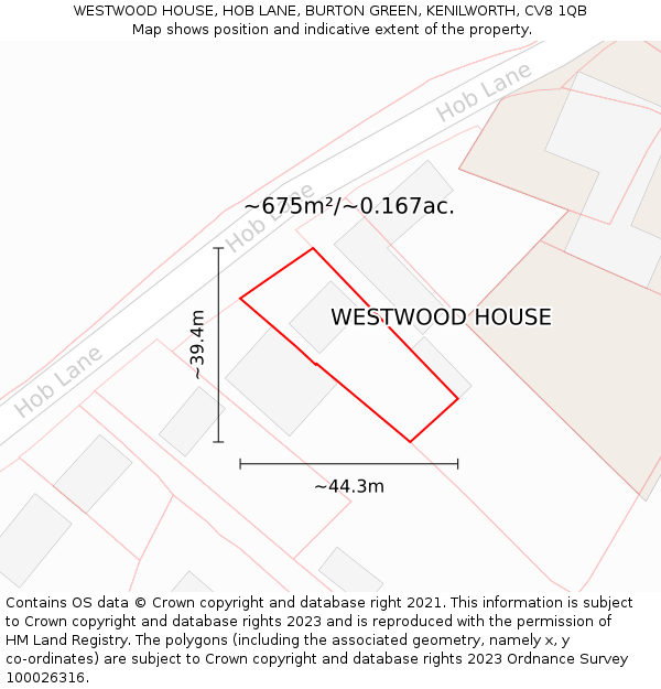 WESTWOOD HOUSE, HOB LANE, BURTON GREEN, KENILWORTH, CV8 1QB: Plot and title map