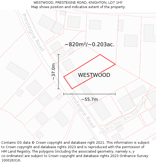 WESTWOOD, PRESTEIGNE ROAD, KNIGHTON, LD7 1HY: Plot and title map