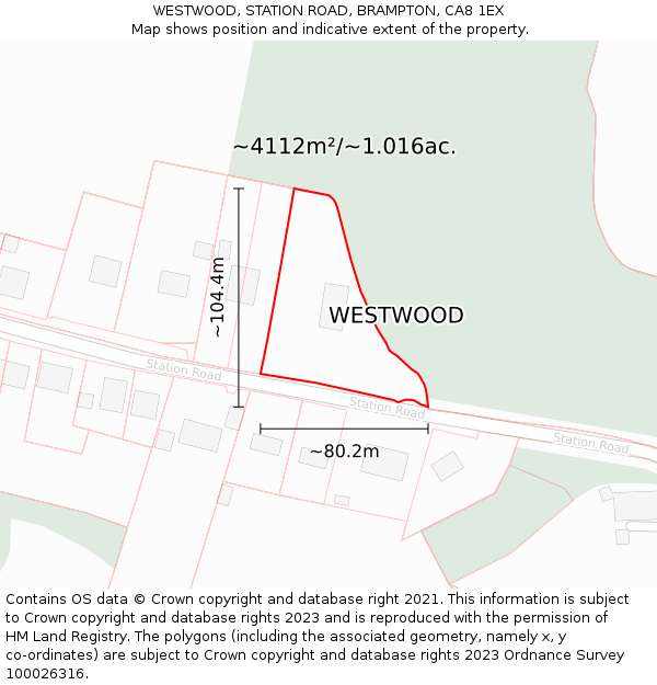 WESTWOOD, STATION ROAD, BRAMPTON, CA8 1EX: Plot and title map
