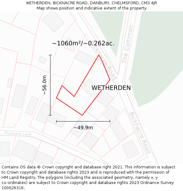 WETHERDEN, BICKNACRE ROAD, DANBURY, CHELMSFORD, CM3 4JR: Plot and title map