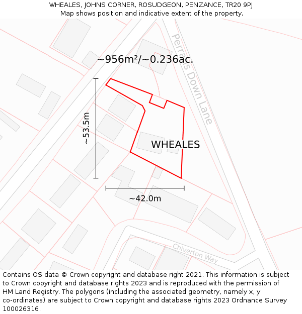 WHEALES, JOHNS CORNER, ROSUDGEON, PENZANCE, TR20 9PJ: Plot and title map