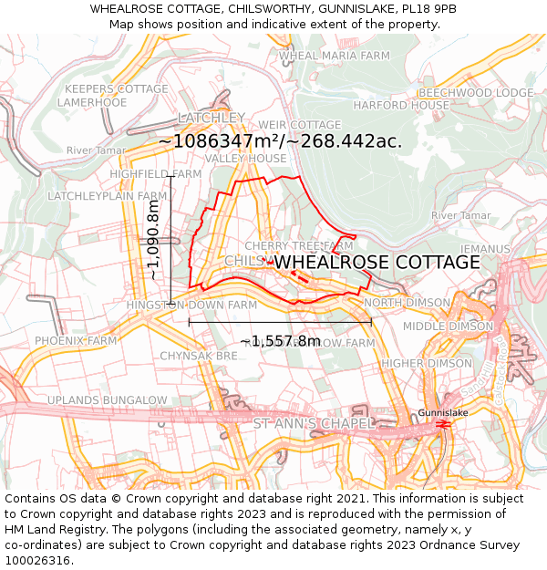 WHEALROSE COTTAGE, CHILSWORTHY, GUNNISLAKE, PL18 9PB: Plot and title map