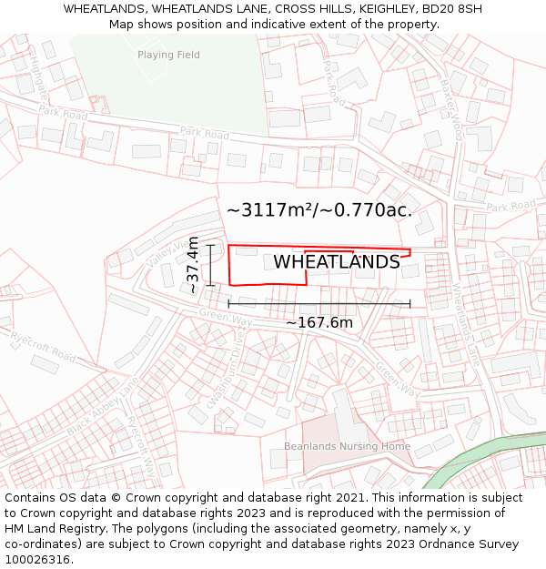 WHEATLANDS, WHEATLANDS LANE, CROSS HILLS, KEIGHLEY, BD20 8SH: Plot and title map