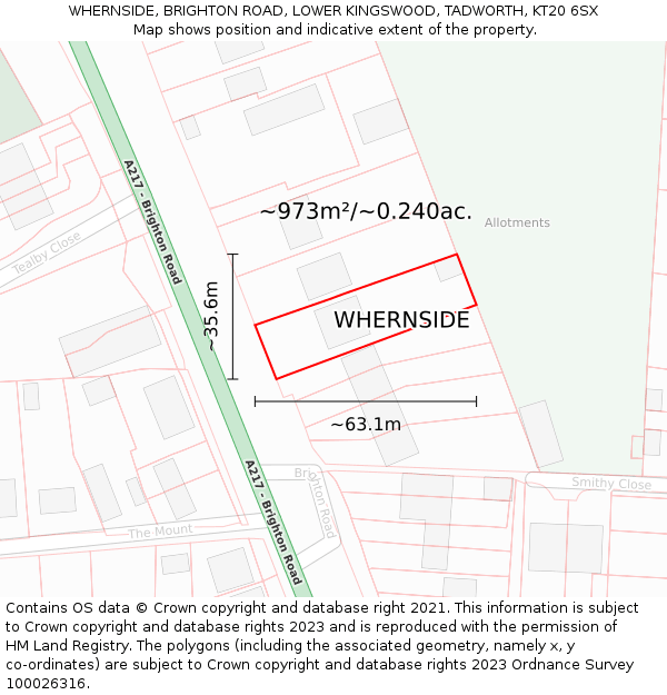 WHERNSIDE, BRIGHTON ROAD, LOWER KINGSWOOD, TADWORTH, KT20 6SX: Plot and title map