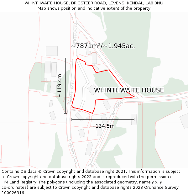 WHINTHWAITE HOUSE, BRIGSTEER ROAD, LEVENS, KENDAL, LA8 8NU: Plot and title map