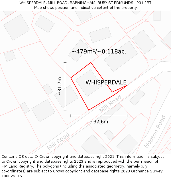 WHISPERDALE, MILL ROAD, BARNINGHAM, BURY ST EDMUNDS, IP31 1BT: Plot and title map