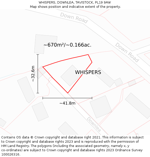 WHISPERS, DOWNLEA, TAVISTOCK, PL19 9AW: Plot and title map