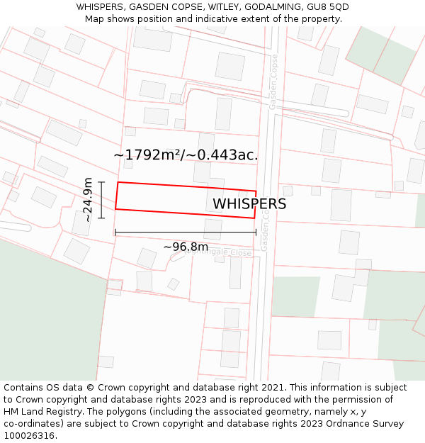 WHISPERS, GASDEN COPSE, WITLEY, GODALMING, GU8 5QD: Plot and title map
