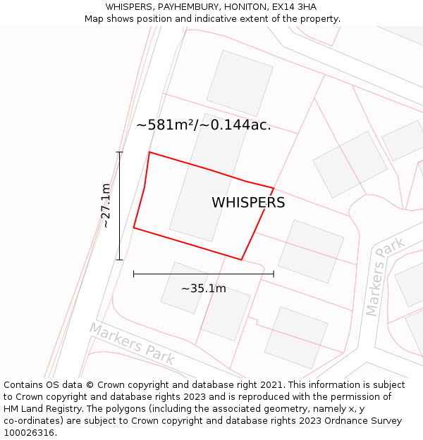 WHISPERS, PAYHEMBURY, HONITON, EX14 3HA: Plot and title map