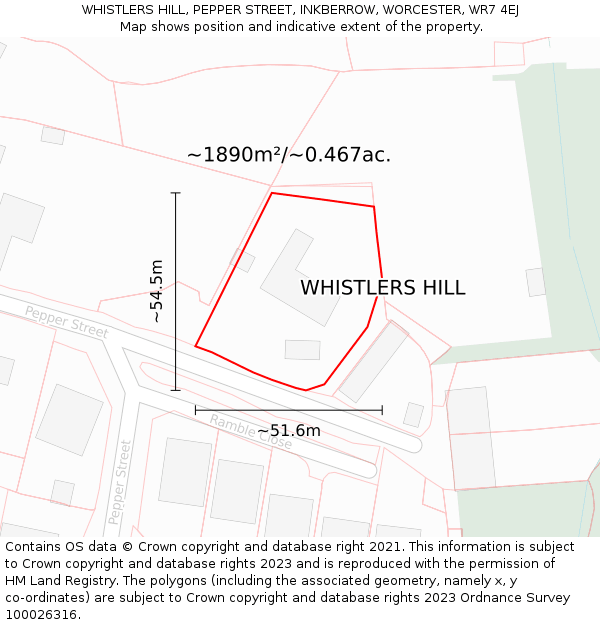 WHISTLERS HILL, PEPPER STREET, INKBERROW, WORCESTER, WR7 4EJ: Plot and title map