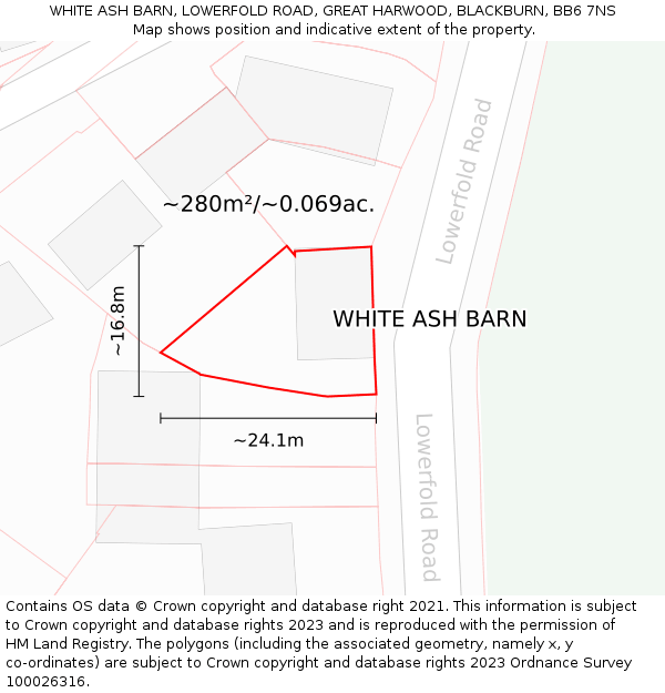WHITE ASH BARN, LOWERFOLD ROAD, GREAT HARWOOD, BLACKBURN, BB6 7NS: Plot and title map