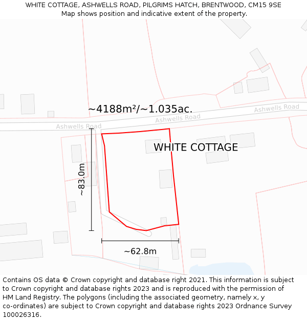 WHITE COTTAGE, ASHWELLS ROAD, PILGRIMS HATCH, BRENTWOOD, CM15 9SE: Plot and title map