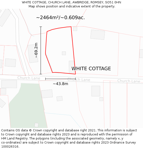 WHITE COTTAGE, CHURCH LANE, AWBRIDGE, ROMSEY, SO51 0HN: Plot and title map