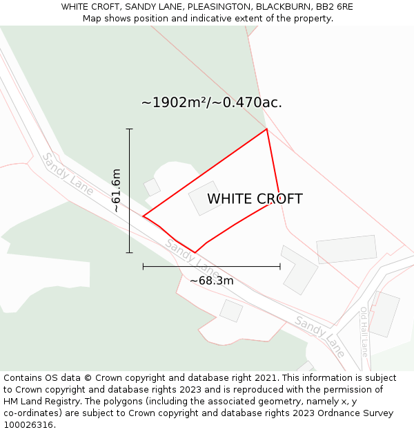 WHITE CROFT, SANDY LANE, PLEASINGTON, BLACKBURN, BB2 6RE: Plot and title map