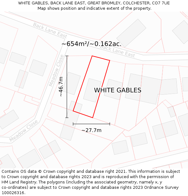 WHITE GABLES, BACK LANE EAST, GREAT BROMLEY, COLCHESTER, CO7 7UE: Plot and title map