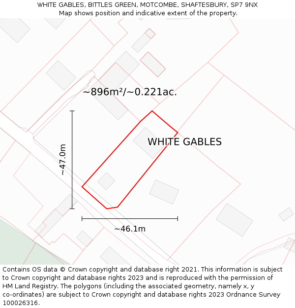 WHITE GABLES, BITTLES GREEN, MOTCOMBE, SHAFTESBURY, SP7 9NX: Plot and title map