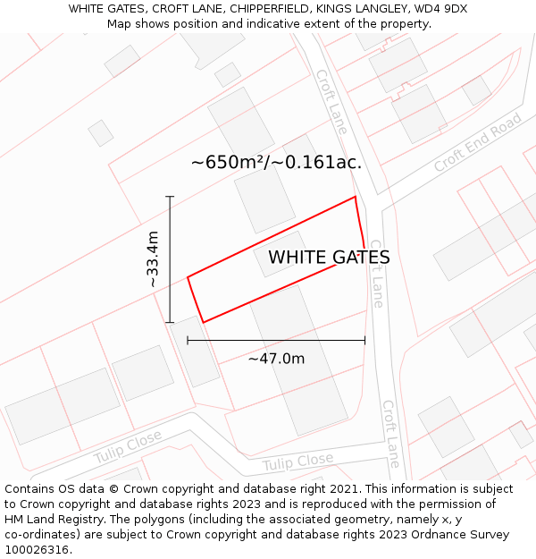 WHITE GATES, CROFT LANE, CHIPPERFIELD, KINGS LANGLEY, WD4 9DX: Plot and title map