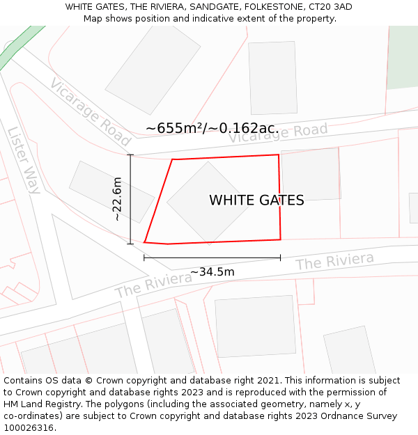 WHITE GATES, THE RIVIERA, SANDGATE, FOLKESTONE, CT20 3AD: Plot and title map