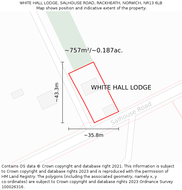 WHITE HALL LODGE, SALHOUSE ROAD, RACKHEATH, NORWICH, NR13 6LB: Plot and title map