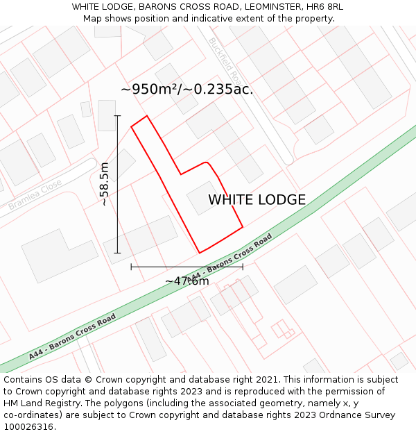 WHITE LODGE, BARONS CROSS ROAD, LEOMINSTER, HR6 8RL: Plot and title map