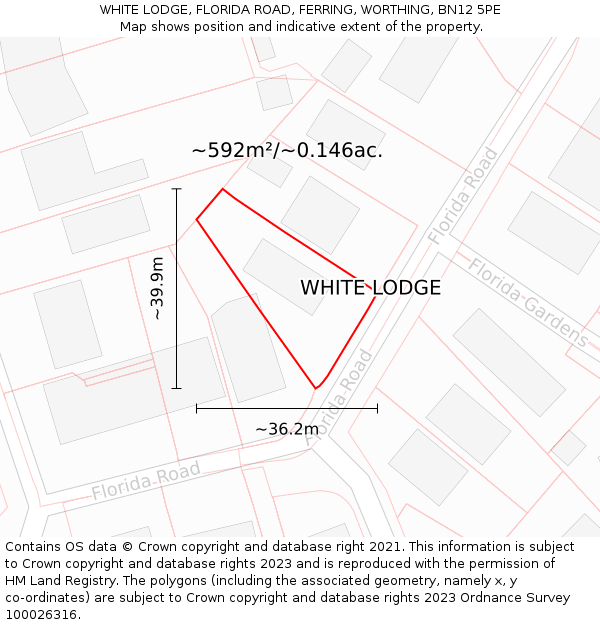 WHITE LODGE, FLORIDA ROAD, FERRING, WORTHING, BN12 5PE: Plot and title map