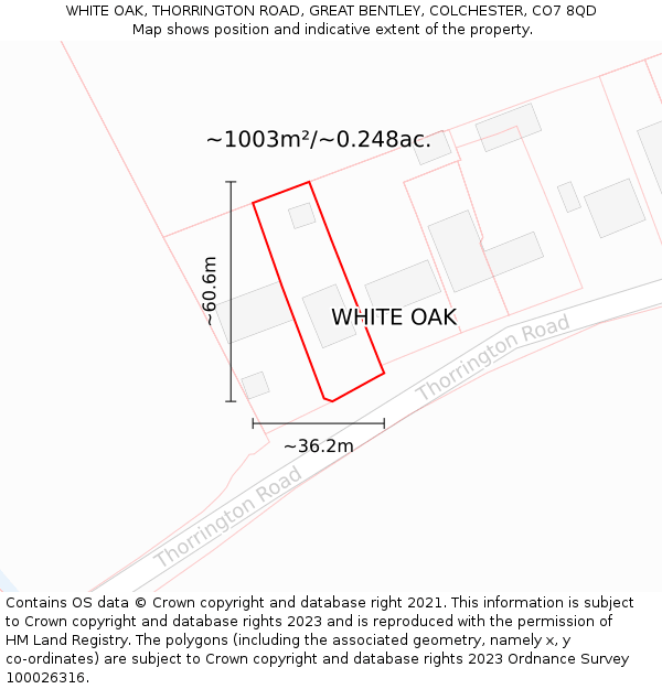 WHITE OAK, THORRINGTON ROAD, GREAT BENTLEY, COLCHESTER, CO7 8QD: Plot and title map