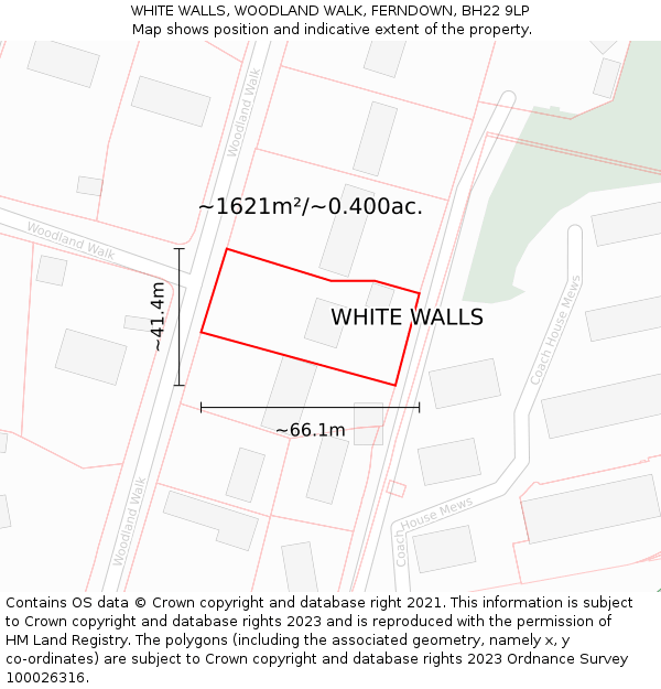 WHITE WALLS, WOODLAND WALK, FERNDOWN, BH22 9LP: Plot and title map