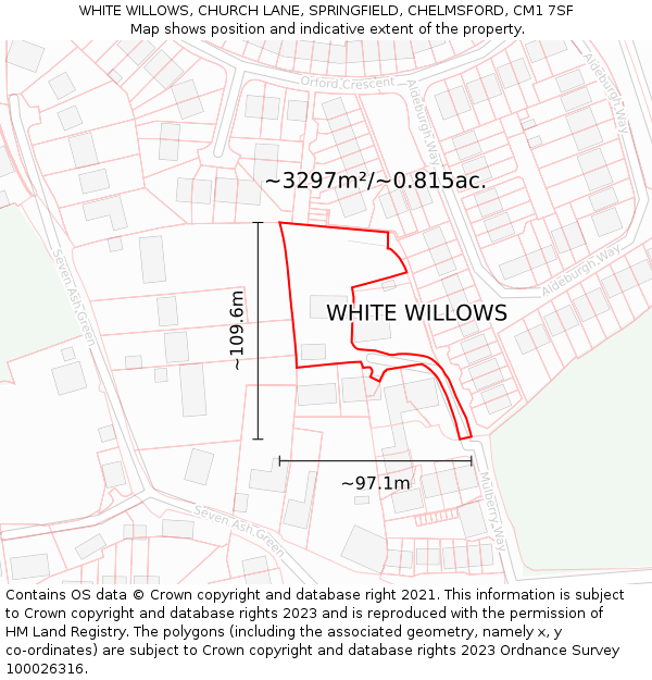 WHITE WILLOWS, CHURCH LANE, SPRINGFIELD, CHELMSFORD, CM1 7SF: Plot and title map