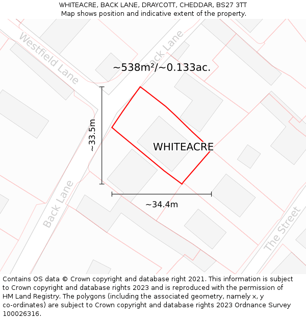 WHITEACRE, BACK LANE, DRAYCOTT, CHEDDAR, BS27 3TT: Plot and title map
