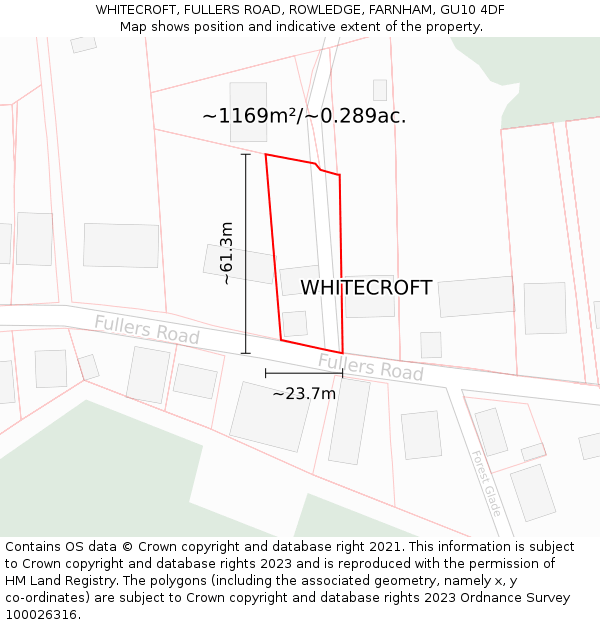 WHITECROFT, FULLERS ROAD, ROWLEDGE, FARNHAM, GU10 4DF: Plot and title map