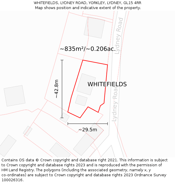 WHITEFIELDS, LYDNEY ROAD, YORKLEY, LYDNEY, GL15 4RR: Plot and title map