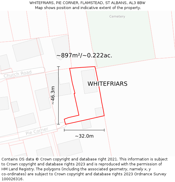 WHITEFRIARS, PIE CORNER, FLAMSTEAD, ST ALBANS, AL3 8BW: Plot and title map