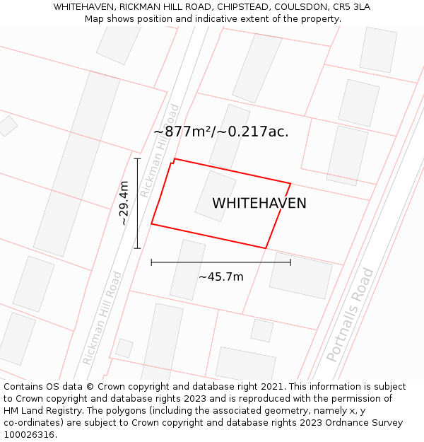 WHITEHAVEN, RICKMAN HILL ROAD, CHIPSTEAD, COULSDON, CR5 3LA: Plot and title map