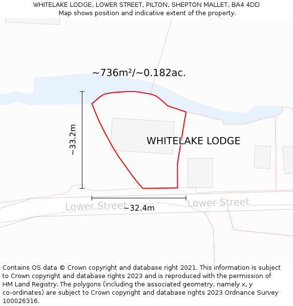 WHITELAKE LODGE, LOWER STREET, PILTON, SHEPTON MALLET, BA4 4DD: Plot and title map