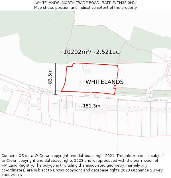 WHITELANDS, NORTH TRADE ROAD, BATTLE, TN33 0HN: Plot and title map