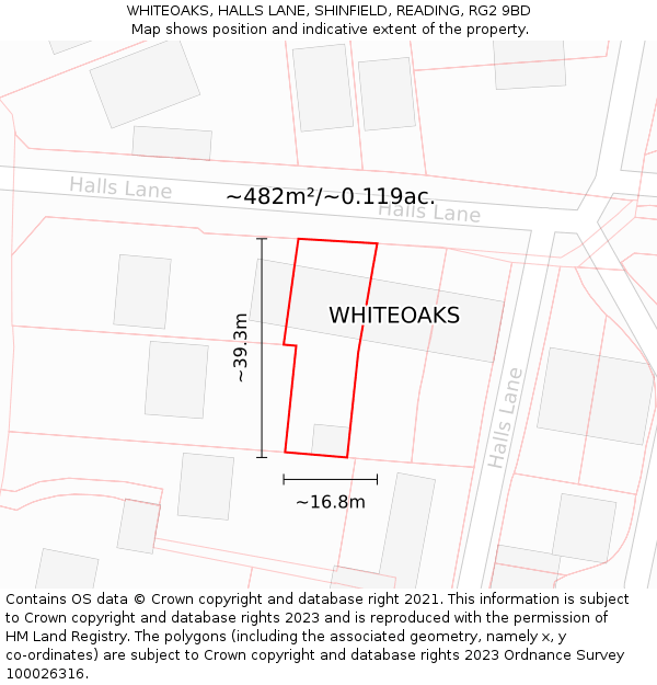 WHITEOAKS, HALLS LANE, SHINFIELD, READING, RG2 9BD: Plot and title map