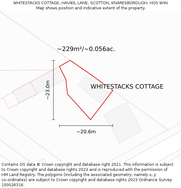 WHITESTACKS COTTAGE, HAVIKIL LANE, SCOTTON, KNARESBOROUGH, HG5 9HN: Plot and title map