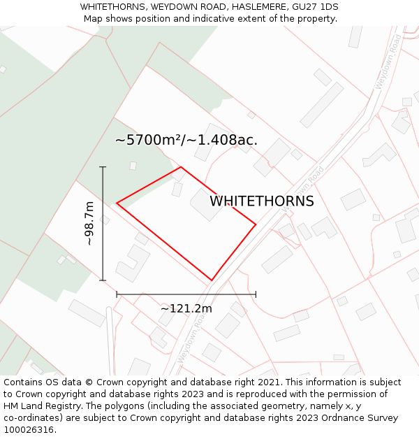 WHITETHORNS, WEYDOWN ROAD, HASLEMERE, GU27 1DS: Plot and title map
