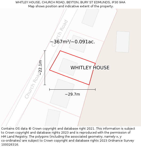 WHITLEY HOUSE, CHURCH ROAD, BEYTON, BURY ST EDMUNDS, IP30 9AA: Plot and title map
