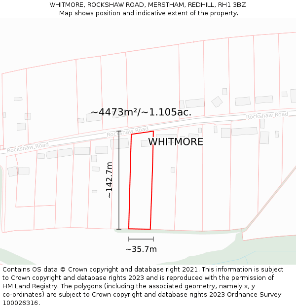 WHITMORE, ROCKSHAW ROAD, MERSTHAM, REDHILL, RH1 3BZ: Plot and title map