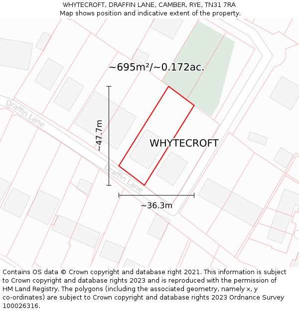 WHYTECROFT, DRAFFIN LANE, CAMBER, RYE, TN31 7RA: Plot and title map