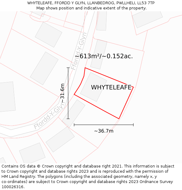 WHYTELEAFE, FFORDD Y GLYN, LLANBEDROG, PWLLHELI, LL53 7TP: Plot and title map